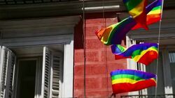 Rainbow Flag Gay Rights Pride in Madrid, Spain Stock Footage