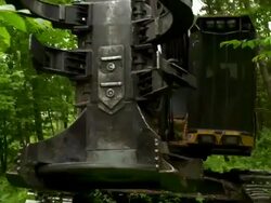 Medium hand held shot of feller buncher moving toward the camera. Stock Footage