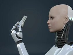 Animation of an android holding a low energy lightbulb on a black background Stock Footage