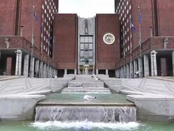 MS Shot of Fountain at Oslo City Hall / Oslo, Norway Stock Footage