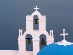 MS Shot of church dome and bells in Firostefani with Ocean / Santorini, Cyclades, Greece Stock Footage