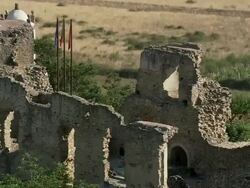 AERIAL CU ZO WS Castelo Rodrigo castle and village / Figueira de Castelo Rodrigo, Guarda, Portugal Stock Footage