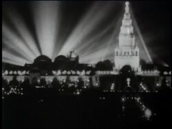 B/W 1915 wide shot brightly lit Tower of Jewels at night / Panama-Pacific Expo / San Francisco World's Fair Stock Footage
