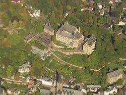 MS AERIAL Shot of Marburg castle / Germany Stock Footage