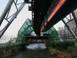 WS Suspension railroad over Wupper river / Wuppertal, North Rhine-Westphalia, Germany Stock Footage