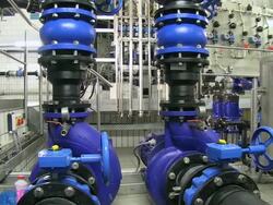 MS PAN View of Decalcifying plant at water works / Konz, Rhineland-Palatinate, Germany Stock Footage