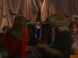 HD DOLLY: Witch Scares Children Away Stock Footage