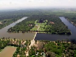 Aerial shot over Angkor Wat, shots of the tops of the temple towers  Stock Footage