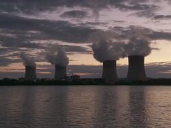 WS Nuclear Power plant at dusk at sunset / Cattenom, Lorraine, France Stock Footage