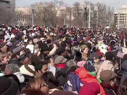 January 20, 2009 MS ZI MONTAGE Crowd listening to Barack Obama's inaugural address on the National Mall / Washington DC / AUDIO Stock Footage