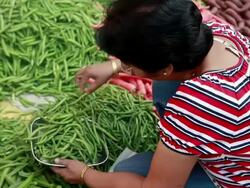 Asian Indian Senior Woman buying Vegetables at Greengrocer's Shop Stock Footage