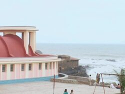WS ZO View of Gandhi Mandapam Temple at seashore / Kanyakumari, Tamil Nadu, India Stock Footage