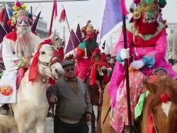MS PAN Villagers dressed as ancient figures attend parade during shehuo celebrations, Shehuo is traditional festive folk celebration during chinese spring festival AUDIO / xi'an, shaanxi, china Stock Footage
