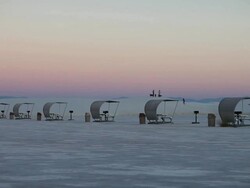 WS PAN Picnic shelters in White Sands National Monument / Alamogordo, New Mexico, United States Stock Footage