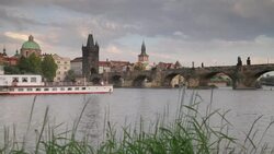 A ferry floats along the River Vltava in Prague. Stock Footage