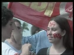 Bush's arrival, comments from Bush and da Silva, protest News Clip