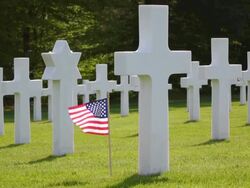 MS View of American war cemetery site and country flag / Sandweiler, Luxembourg Stock Footage