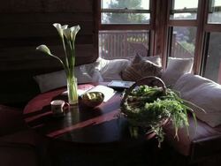 MS Table with bowl of fruit basket flowers tablet and book / Los Angeles, California, United States Stock Footage