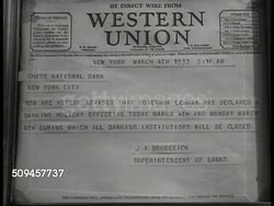 1933: MARCH 4TH FDR INAUGURATION:  LA MS People reading window sign. CU Sign 'Western Union' declaring banking holiday. WS President Herbert Hoover & wife Lou Hoover greeting wife Eleanor Roosevelt (1884-1962) in front of White House, Washington D.C. Instructional Video