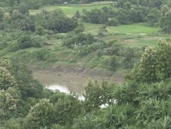 Wide Shot High Angle - Boat in distance travelling across river surrounded by lush vegetation  / Bangladesh  Stock Footage