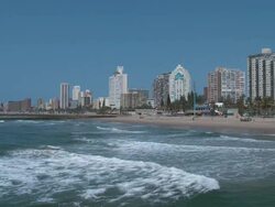 WS High-rise buildings lining beach / Durban, Kwa Zulu Natal, South Africa Stock Footage