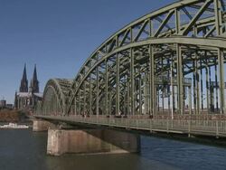 MS Shot of Rhine river Cathedral ,Hohenzollern Bridge and love Padlocksl / Cologne, North Westphalia, Germany Stock Footage