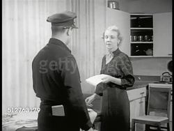 1953: LEVITTOWN, PENNSYLVANIA: DRAMATIZATION: MS Woman, 'housewife', peeling apples in kitchen, Oscar's Frozen Foods driver coming into kitchen, (SOT) talking w/ her about delivery in area, she explains they have frozen food man. Instructional Video