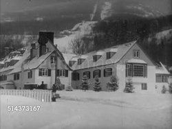 1952: CANADA: TOURISM: MS Quebec ski poster, Angled WS Horse pulling luggage sleigh toward Mont Tremblant ski lodge buildings, VS Vacationing tourists putting on snow skis, riding ski lift, Angled WS Top of lift w/ skiers, on lift, skiing by ramp. Instructional Video