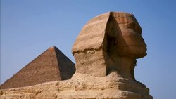 Great Sphinx in front of Pyramids of Giza, Cairo Egypt Stock Footage