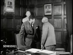 1943: U.S. & MEXICO: EXT MS Government building entrance. INT MS Mexico Foreign Minister Ezekueil Padilla (1890-1971, unconfirmed) shaking hands w/ U.S. Ambassador George Messersmith in office. VS Padilla & Messersmith smoking, talking in chairs. Instructional Video