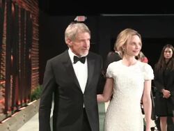 Harrison Ford and Calista Flockhart at the 2014 Vanity Fair Oscar Party Hosted By Graydon Carter Stock Footage