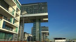 Crane Houses at Rheinau Harbour, Cologne, North Rhine-Westphalia, Germany Stock Footage
