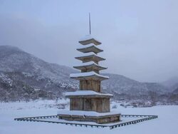 Snow scene of Bowonsajiocheungseoktap(Stone Pagoda, Korea Treasure 104) at Bowonsa Temple Site(Korea Historic Place 316) Stock Footage