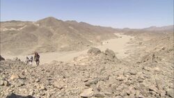 Hikers climb a rocky hill in the desert. Stock Footage