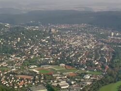 MS AERIAL Shot of houses and church at Marburg / Germany Stock Footage