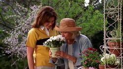 A woman smells the flowers in a potted plant and then begins to sneeze. Stock Footage