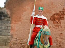 Rabat Morocco guard on horse at Mausoleum of Mohammed V against stone wall Stock Footage