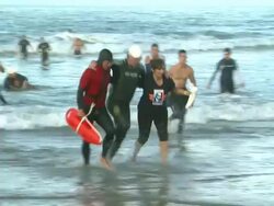 ATMOSPHERE - Swimmers Nautica Malibu Triathlon Presented by Equinox on 9/8/13 in Malibu, CA. Stock Footage