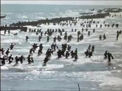 1962 high angle pan military demonstration on beach performed for US president John F. Kennedy Stock Footage