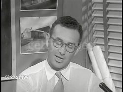 1953: LEVITT & SONS OFFICES: Architect Alfred Levitt at desk (SOT) talking about 'Magnolia Hill' example, encouraging neighborhood ball club, hopes that individuals will not feel like occupant of big city, create neighborhood identity. Instructional Video