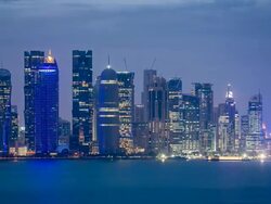 Qatar, Middle East, Arabian Peninsula, Doha, new skyline of the West Bay central financial district of Doha Stock Footage