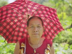 MS SLO MO Woman standing with umbrella in green field / Vang Vieng, Vientiane, Laos Stock Footage
