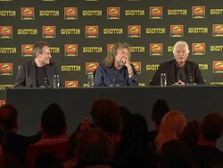 INTERVIEW: Jimmy Page asking the audience if they enjoyed the film at Led Zeppelin Celebration Day Press Conference on September 21, 2012 in London, England (Footage by WireImage Video/Getty Images) Stock Footage