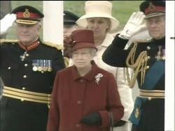 2006 MONTAGE MS WS Prince William graduating from Sandhurst Royal Military Academy / Queen Elizabeth II and Prince Philip / Kate Middleton and her parents Carole and Michael Middleton / Prince William marching in parade / Kate in crowd / Sandhurst, England Stock Footage