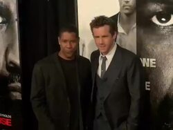 Denzel Washington & Ryan Reynolds attend the world premiere of Safe House at the School of Visual Arts Theatre 02/07/12 Stock Footage