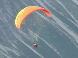 MS TS Shot of paraglider at Mount Nebelhorn / Oberstdorf, Bavaria, Germany Stock Footage