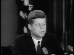 B/W 1962 close up President John F. Kennedy giving speech about Cuban Missile Crisis Stock Footage