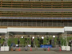 WS View of television news crews working outside during G8 meeting / Hokkaido Toyako, Japan Stock Footage
