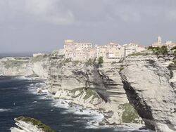 WS Shot of City on Limestone cliffs / Bonifacio, Corsica, France Stock Footage