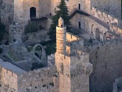 Aerial the Tower of David in the old city of Jerusalem, Israel Stock Footage